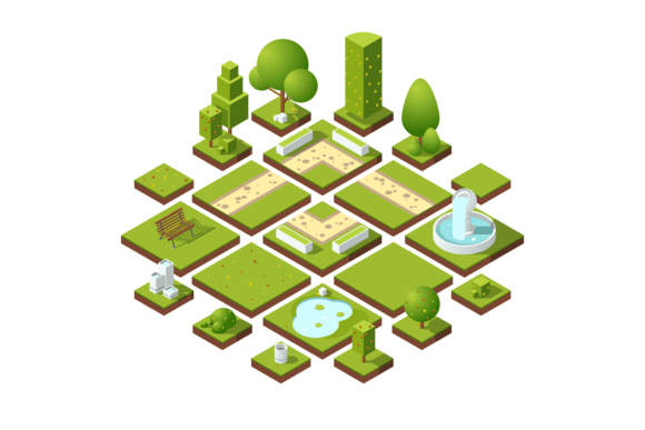 Strategic Visual Planning with Isometric Urban Elements and Garden Deco