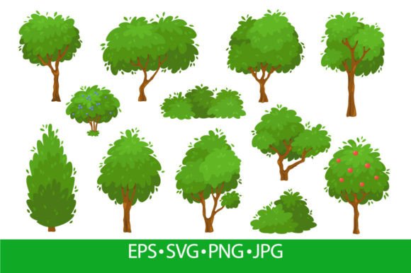 Vibrant Cartoon Green Trees and Bushes